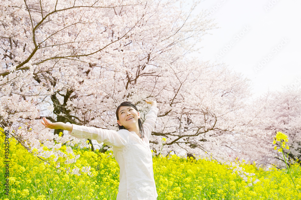 女性　桜　菜の花