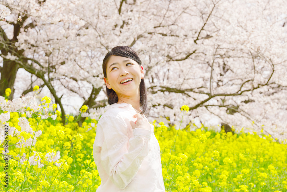 女性　桜　菜の花