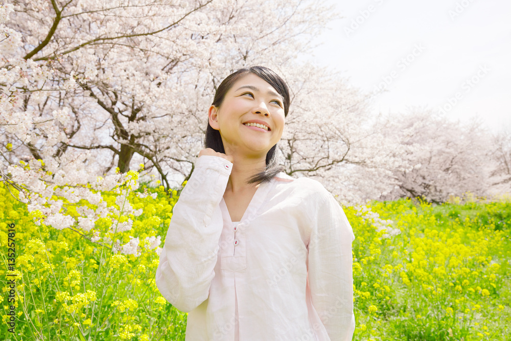 女性　桜　菜の花