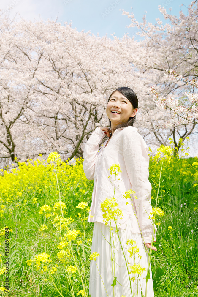 女性　桜　菜の花