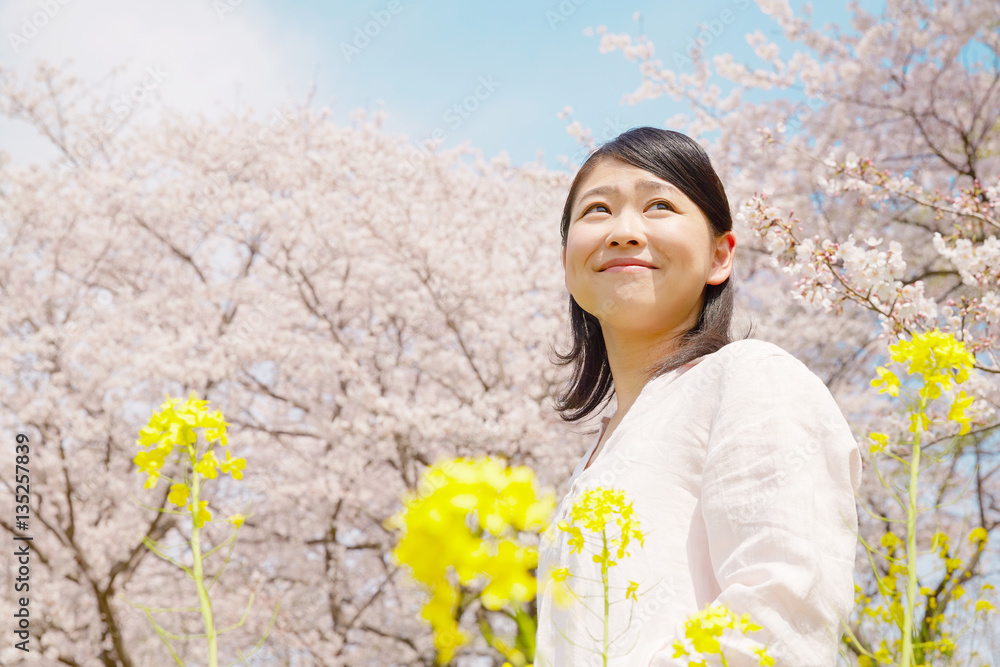 女性　桜　菜の花