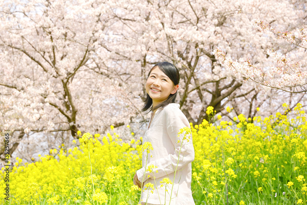 女性　桜　菜の花