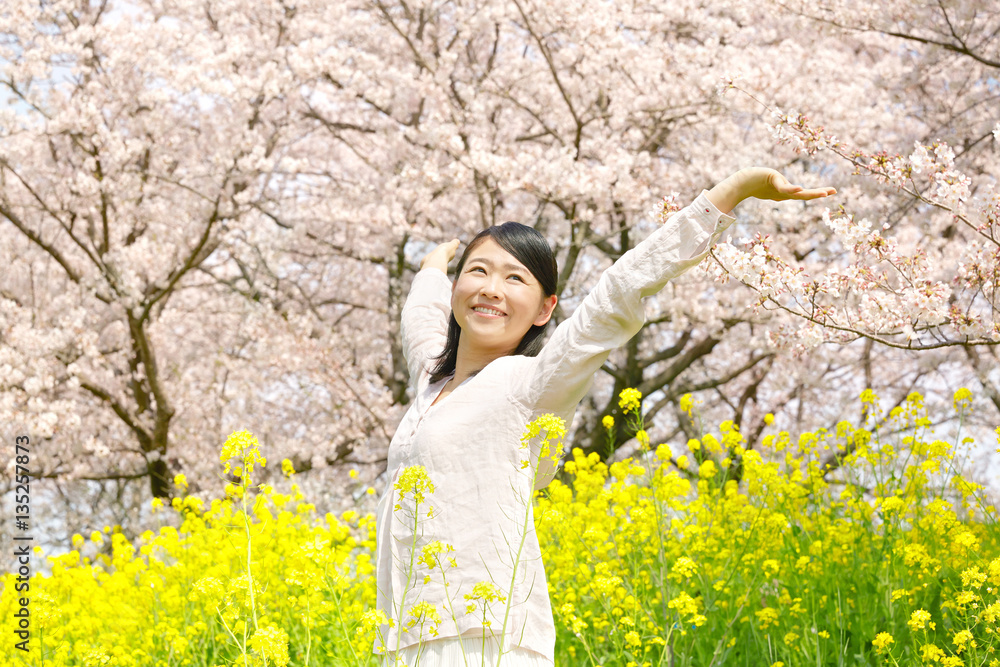 女性　桜　菜の花