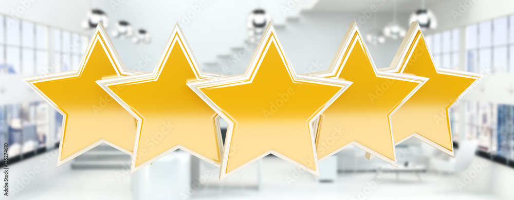 Five digital gold ranking stars 3D rendering