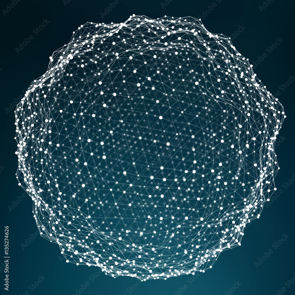 Floating white and blue glowing sphere network 3D rendering