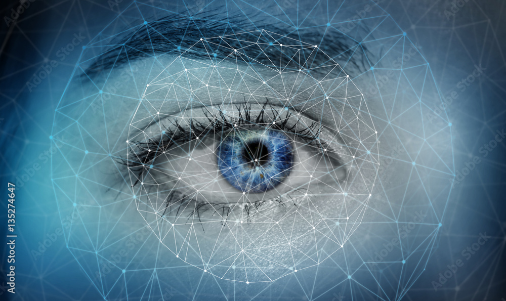 Close-up of woman digital eye network concept 3D rendering