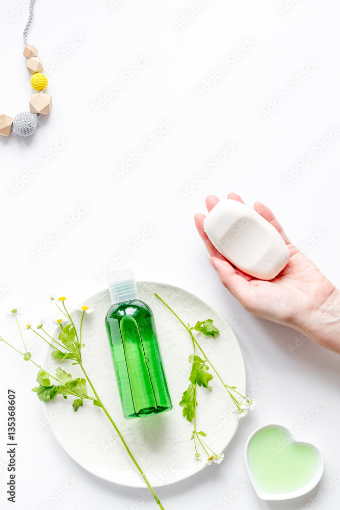 natural organic cosmetics for baby on white background top view