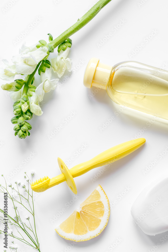 natural organic cosmetics for baby on white background top view