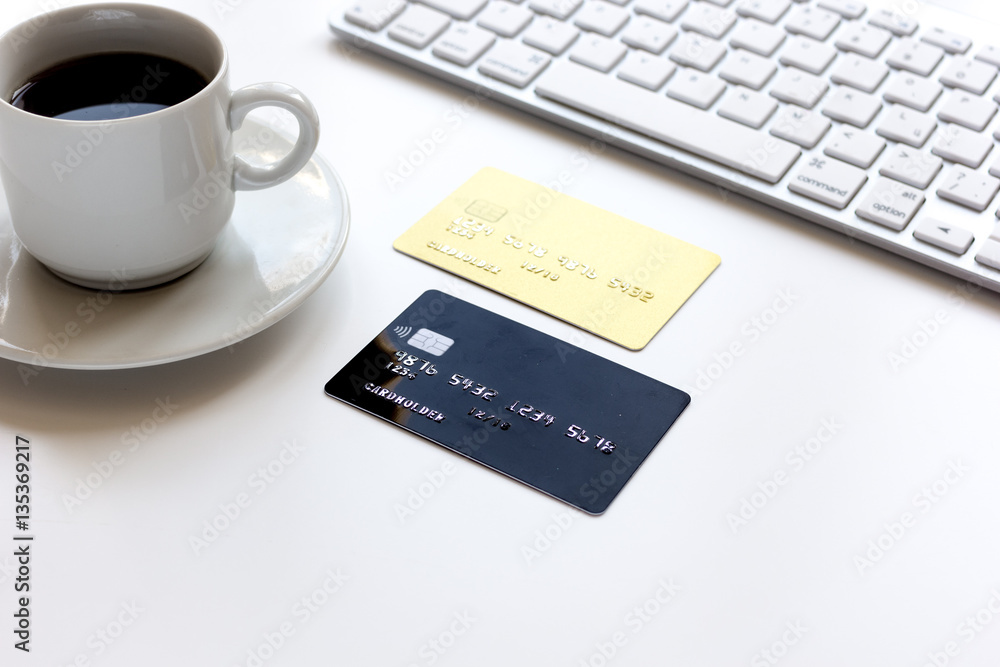 Credit cards on the keyboard close up