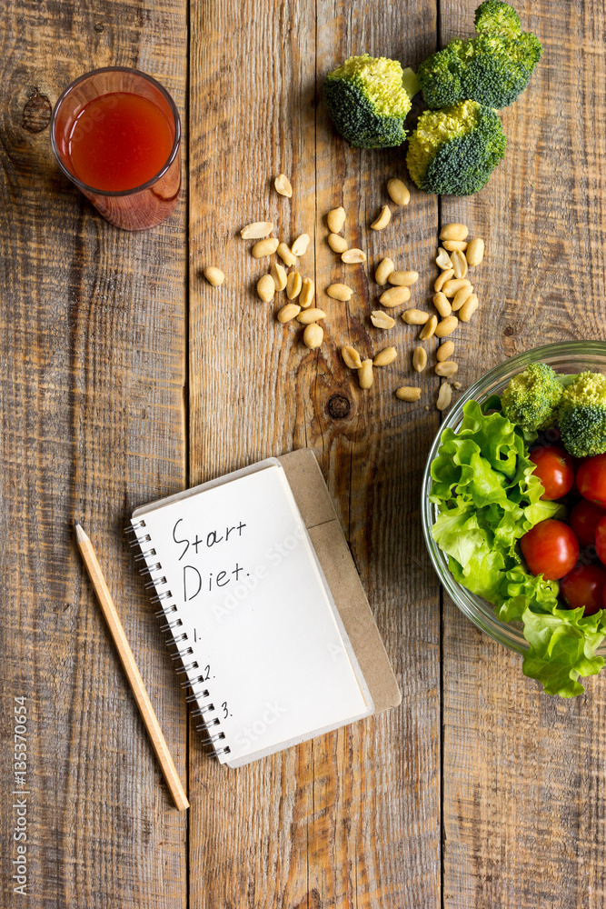 concept diet, slimming plan with vegetables top view mock up