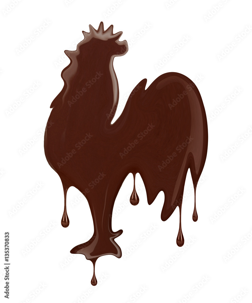 stylized image of a rooster made of melted chocolate on white ba