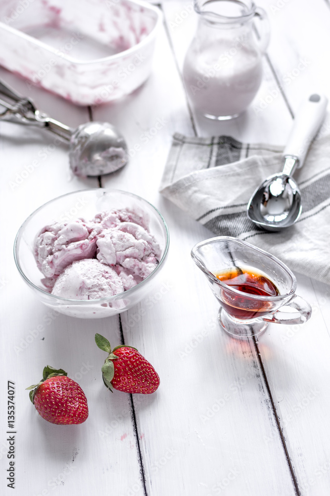 organic homemade ice cream in glass bowl on wooden background