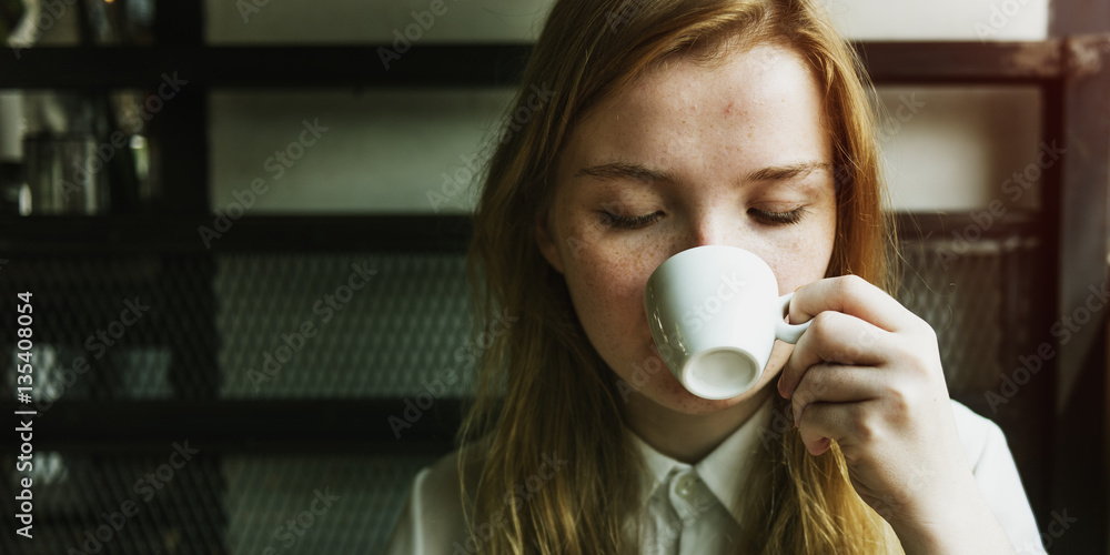 Girl Drinking Coffee Shop Concept