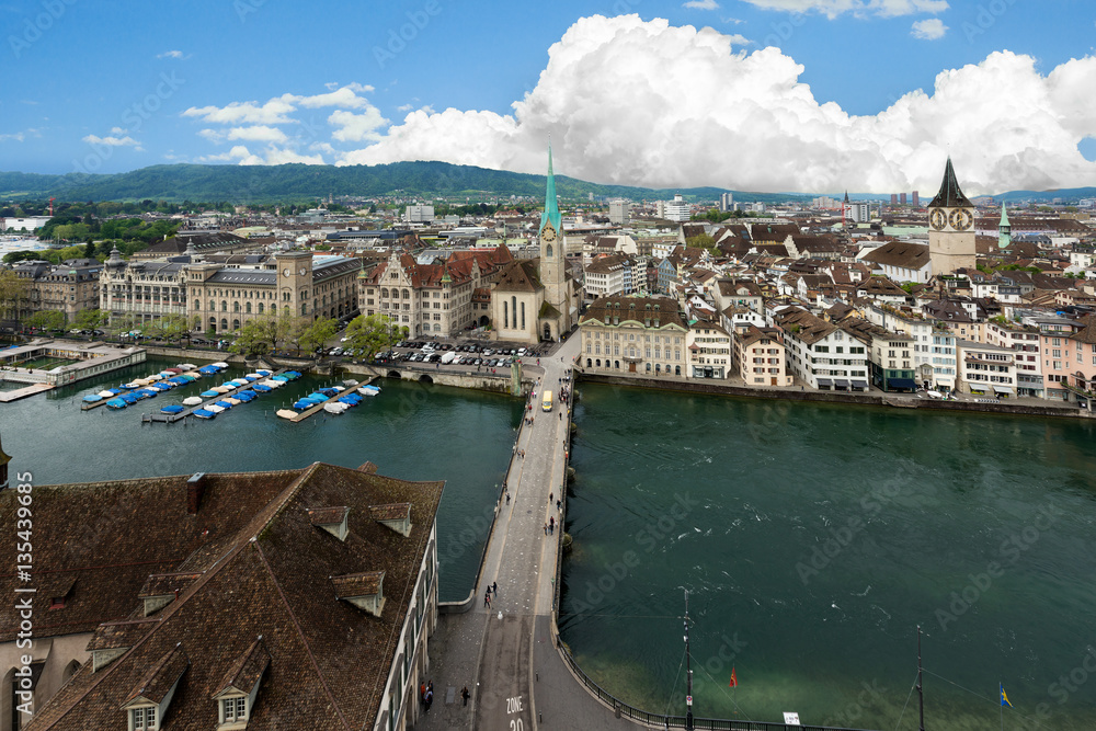 Aerial view of Zurich old town along Limmat river, Zurich, Switz