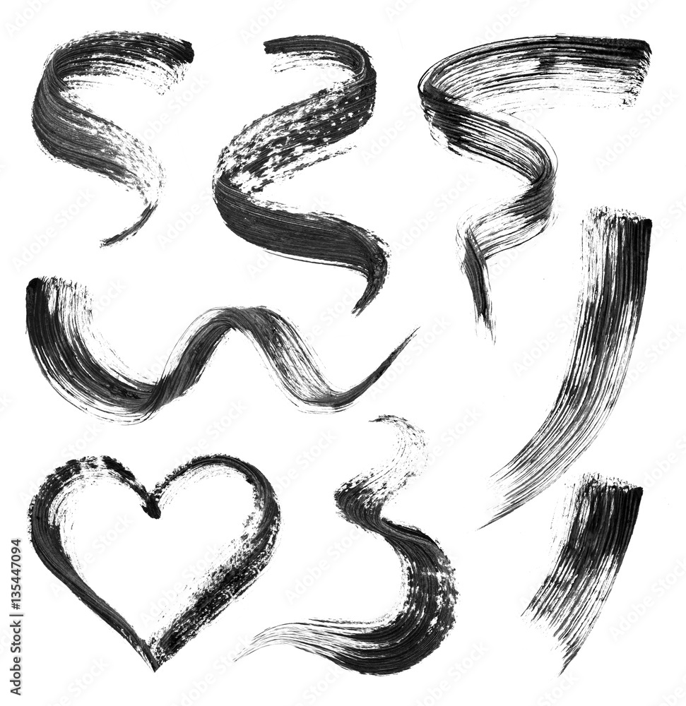 Set of mascara black isolated strokes on white background