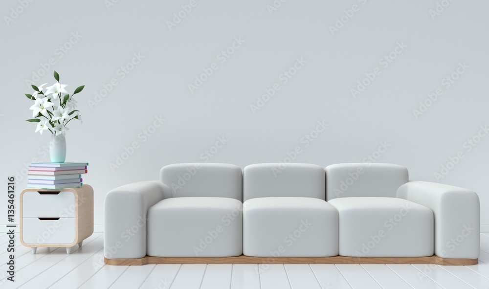 The interior has a White sofa on empty white wall background,3D rendering