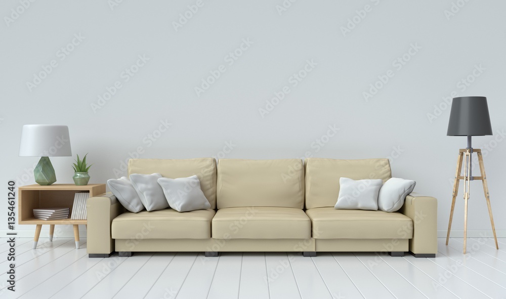 The interior has a White sofa and lamp on empty white wall background,3D rendering