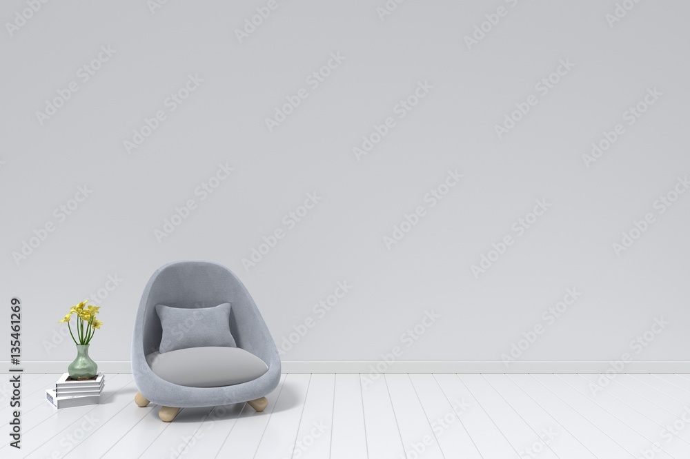 Sofa and book on empty white wall background modern,3D rendering