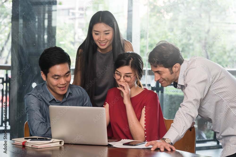 4 people meeting in coffee shop, business casual conceptual