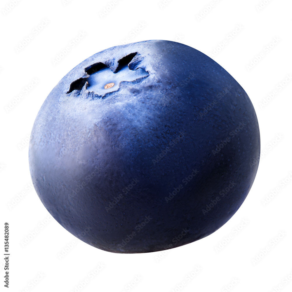 Single blueberry berry isolated on white background. With clipping path. Close up. Macro.