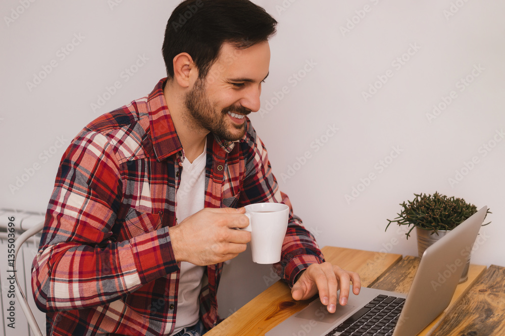 Handsome man doing work on computer at home