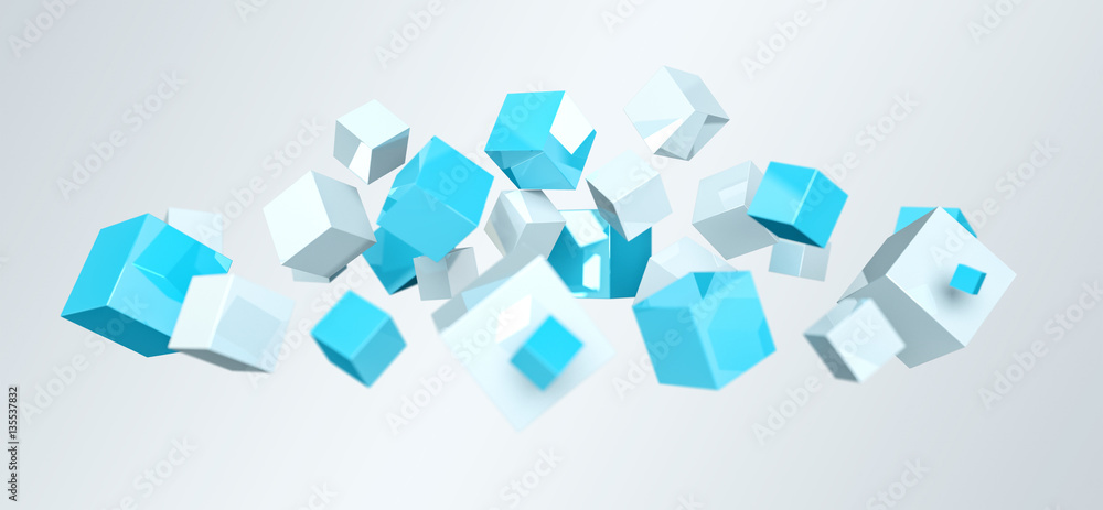 Floating blue and white shiny cube 3D rendering