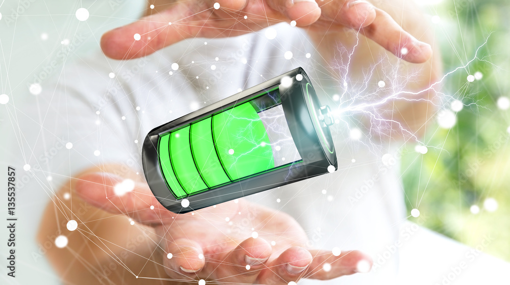 Man holding 3D render battery with lightning in his hand