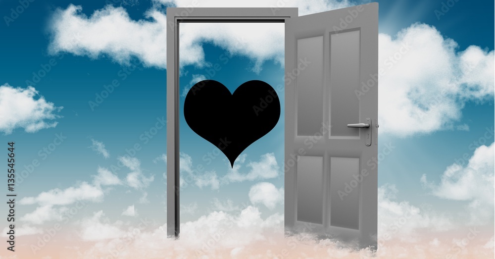 Open door to sky with black heart shape