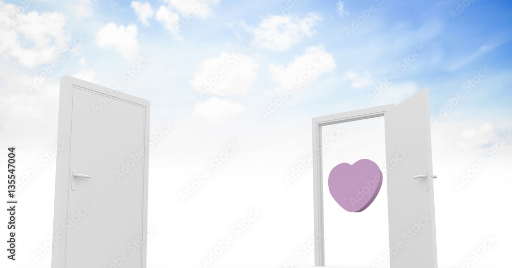 Open door to sky with purple heart shape