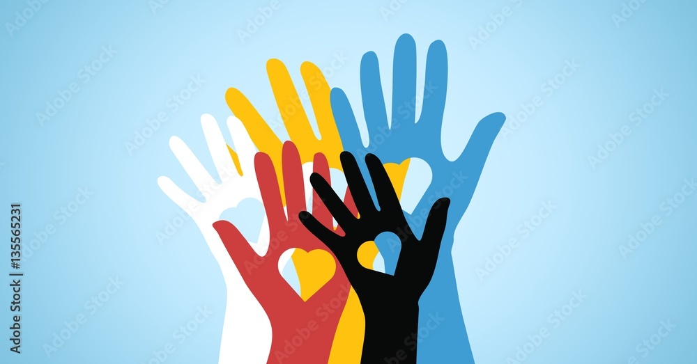 Multicolored volunteers hands with heart shaped