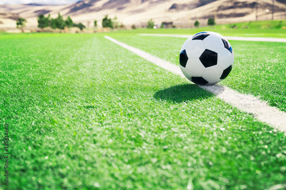 Traditional soccer ball on soccer field