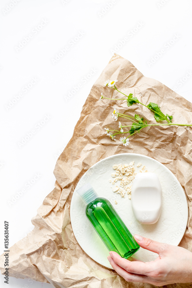 natural organic cosmetics for baby on white background top view