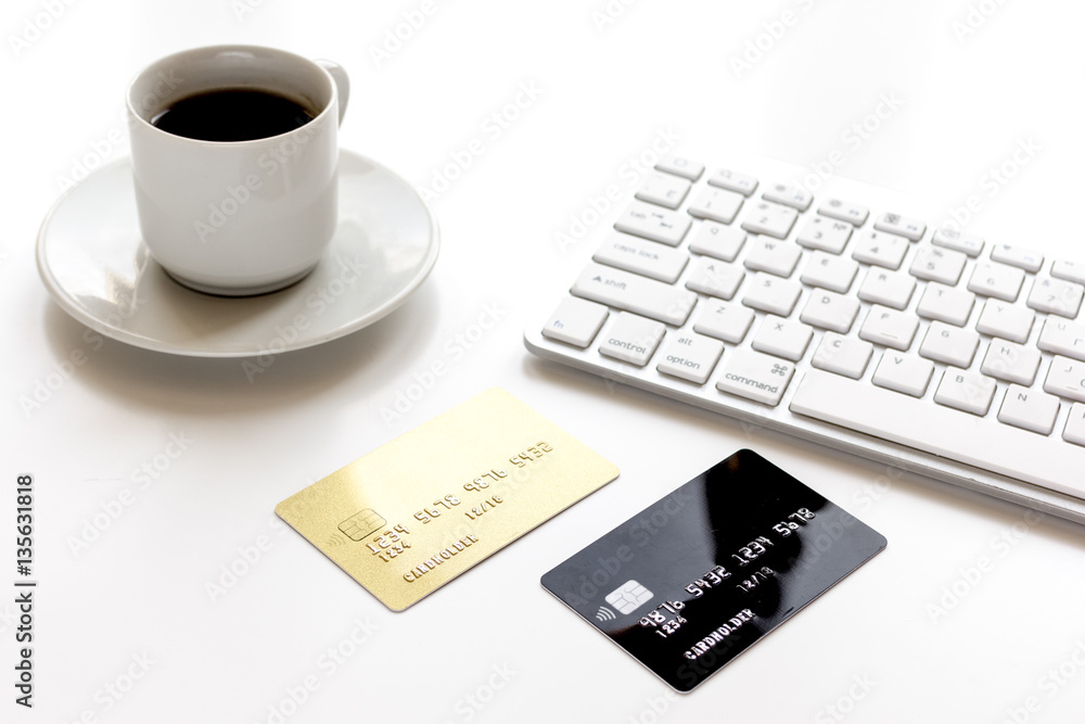 Credit cards on the keyboard close up