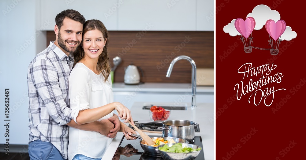 Portrait of smiling couple embracing while cooking food