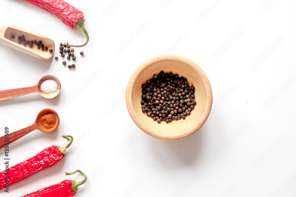 spices in wooden spoon on white background top view