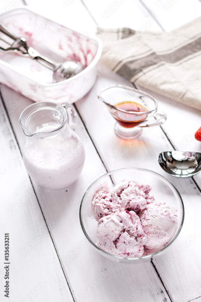 organic homemade ice cream in glass bowl on wooden background