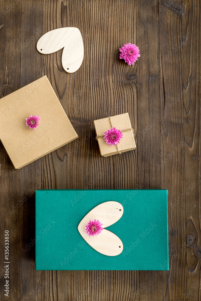 wrapping gifts in box for holiday top view mock up