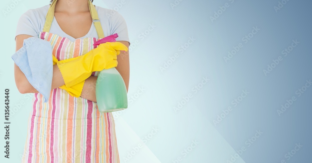 Mid section of woman holding spray bottle and napkin