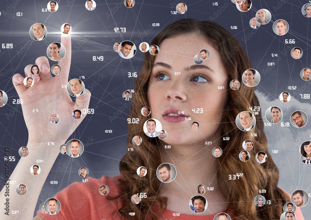 Woman touching digitally generated social networking icons