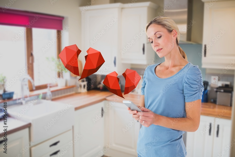 Woman texting on mobile phone with digital generated red hearts