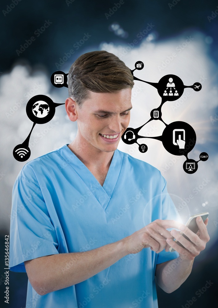 Doctor using mobile phone with application icon