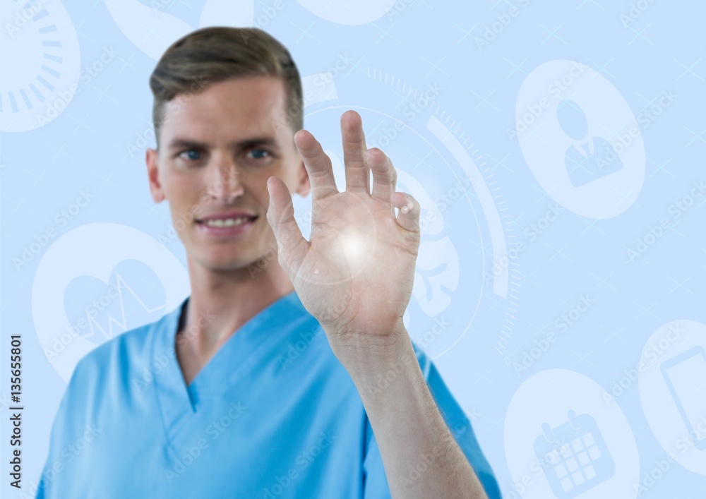 Doctor with flare in hand against blue interface