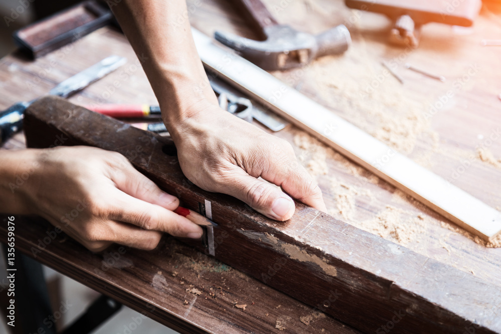 wood workshop with handcraft tools and raw wood on construction