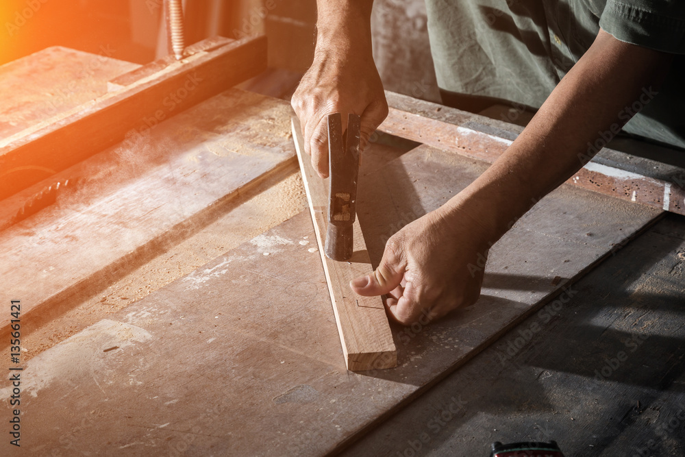 wood workshop with handcraft tools and raw wood on construction