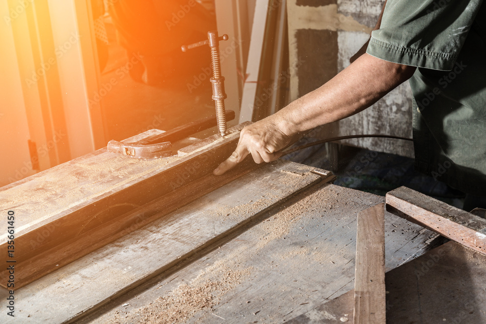 wood workshop with handcraft tools and raw wood on construction