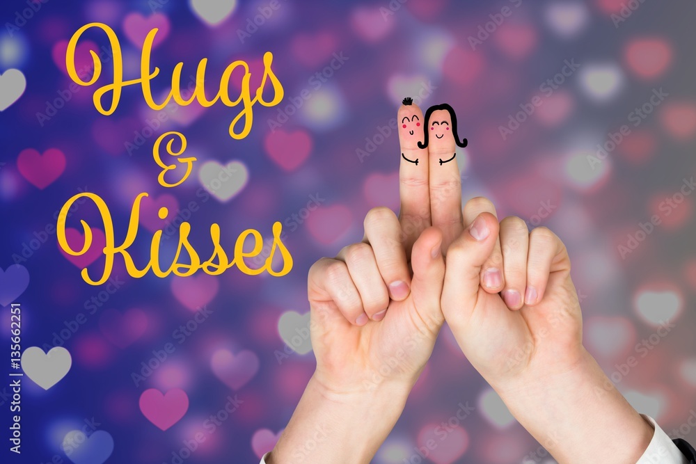 Smiling finger couple with hugs and kisses message