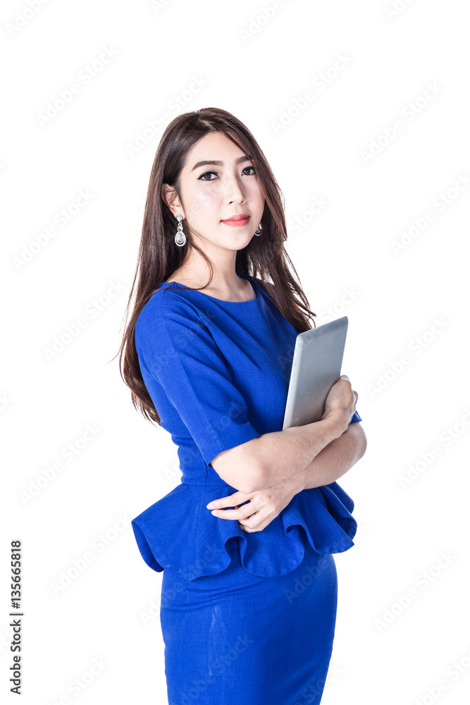 smart beautiful business girl with tablet and smartphone business communication ideas concept on whi