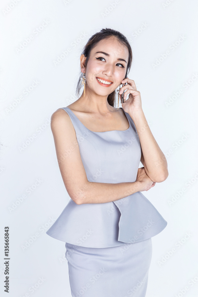 smart beautiful business girl with tablet and smartphone business communication ideas concept on whi