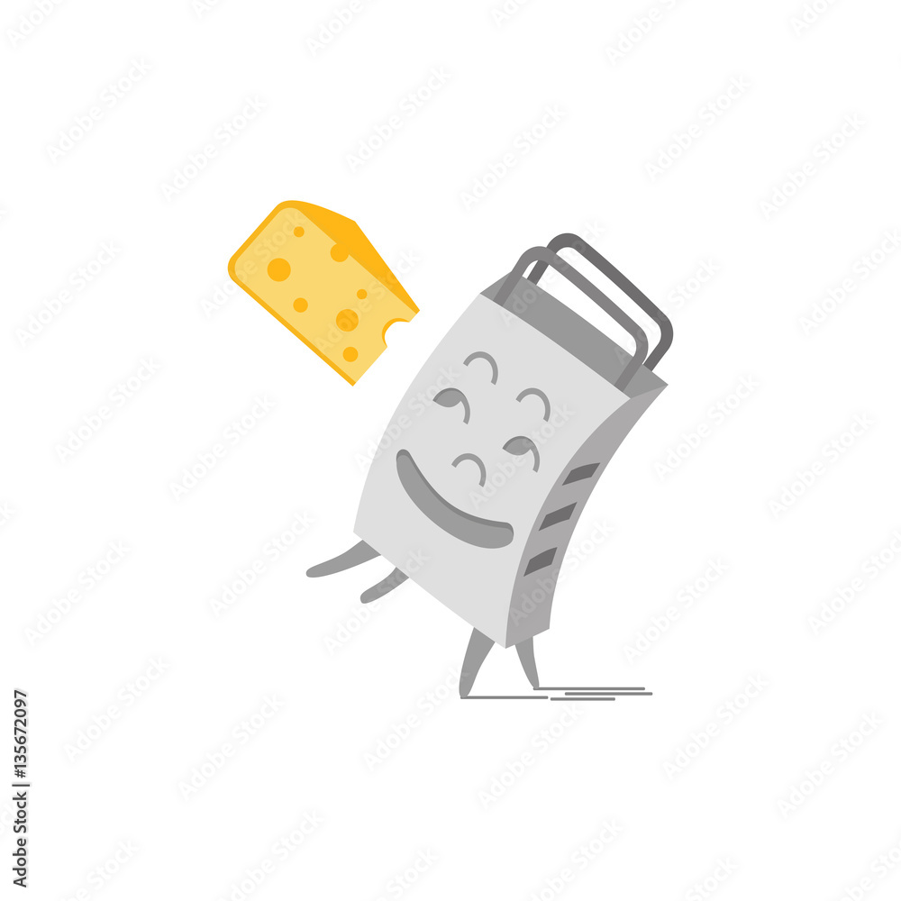 Grater and cheese to grate. Kitchenware cooking utensil illustration. Freehand drawn cartoon cute st