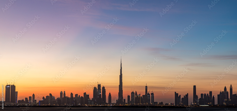 Dubai, UAE - Dec 17, 2016: Dubai skyline after sunset.